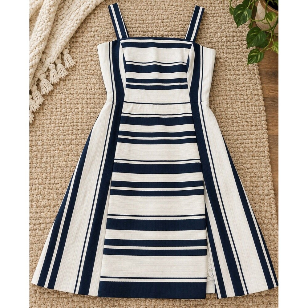 Eliza J Dress Size 2 Navy White Striped Fit & Flare Midi Lace Lined